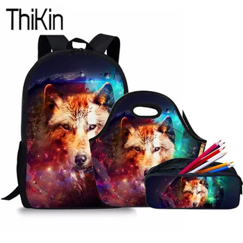 

THIKIN 3Pcs/Set School Bags for Kids 3D Animal Wolf Printing Schoolbag Backpacks Boys Cool Primary Shoulder Bagpack Satchel