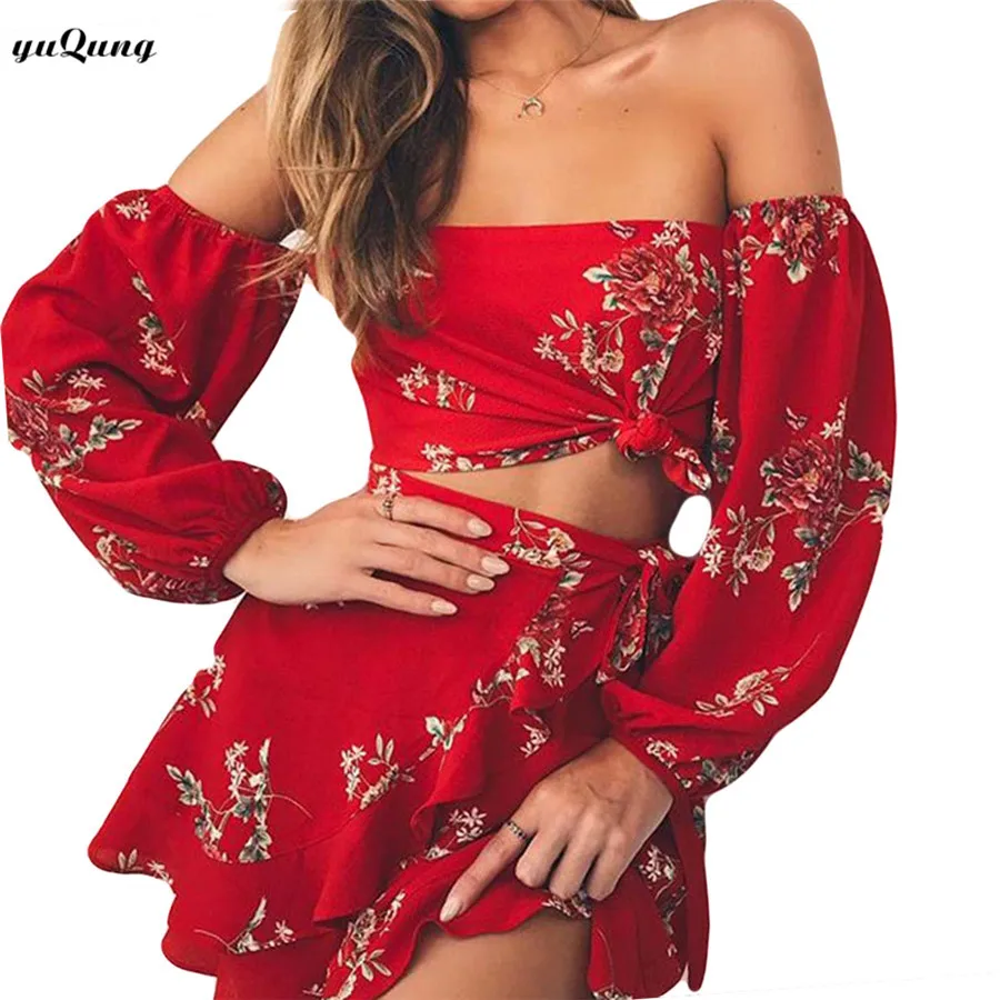 

yuqung 2018 Summer Women flower print Two Piece Outfits slash neck ruffle Dresses 2 Piece Sets Two Piece Beach Dress P05