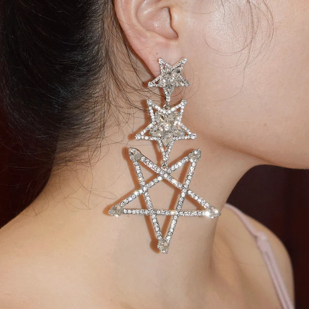 

Luxury Shiny Rhinestone Star Charms Big Drop Dangle Earings for Women Fashion Jewelry Hot Sale Statement Earrings Accessories