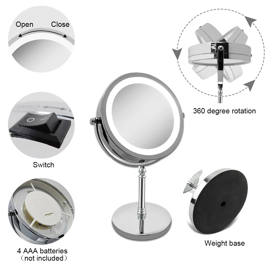

Rotating round mirror double sided 10 times magnification makeup mirror 7 inch LED makeup mirror round makeup frame