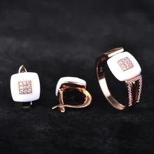 Dazz White Ceramics Jewelry Sets Earrings Ring Set AAA Zircon Rhinestone Stud Earrings Rose Gold Square