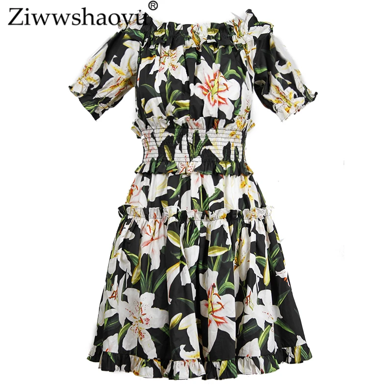 

Ziwwshaoyu Fashion lily Print dresses 100% cotton Slash neck Puff Sleeve elegant Slim Mini dress Summer new women's