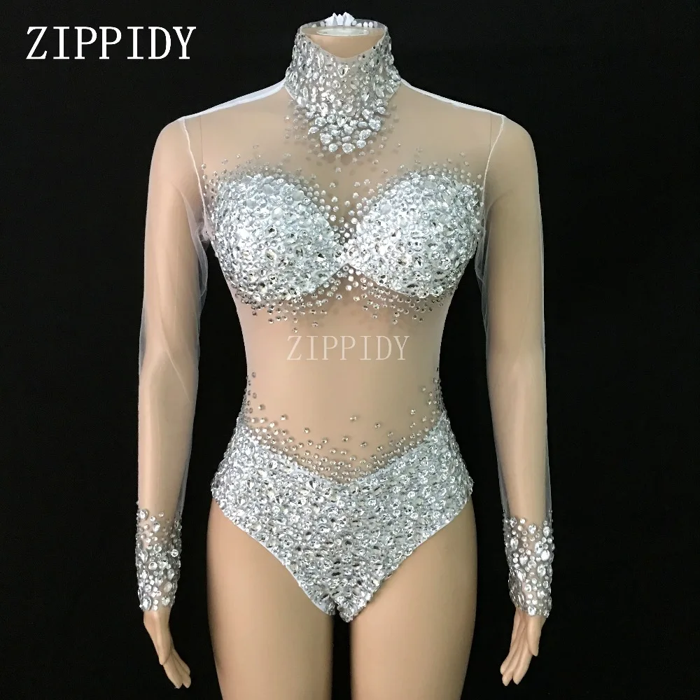 Fashion 6 Colors Stones See Through Bodysuit long Sleeves Stretch Sexy Perspective Performance Celebrate luxurious Dance outfit | Женская