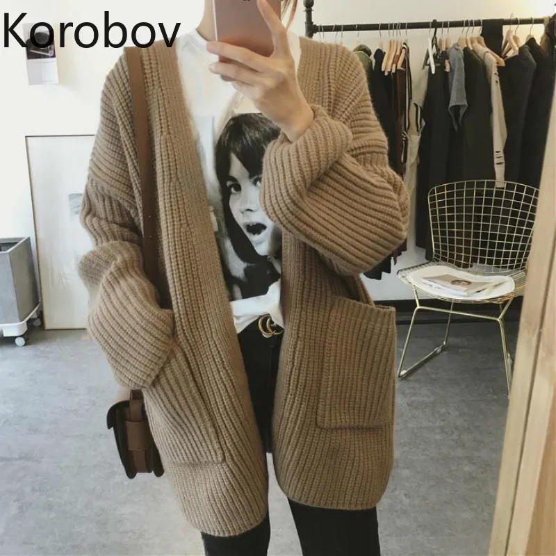 

Korobov Korean Thick Knitted Solid Women Cardigans Long Sleeve Oversize Full Sueter Mujer Pockets Vintage Runway Sweater 78628