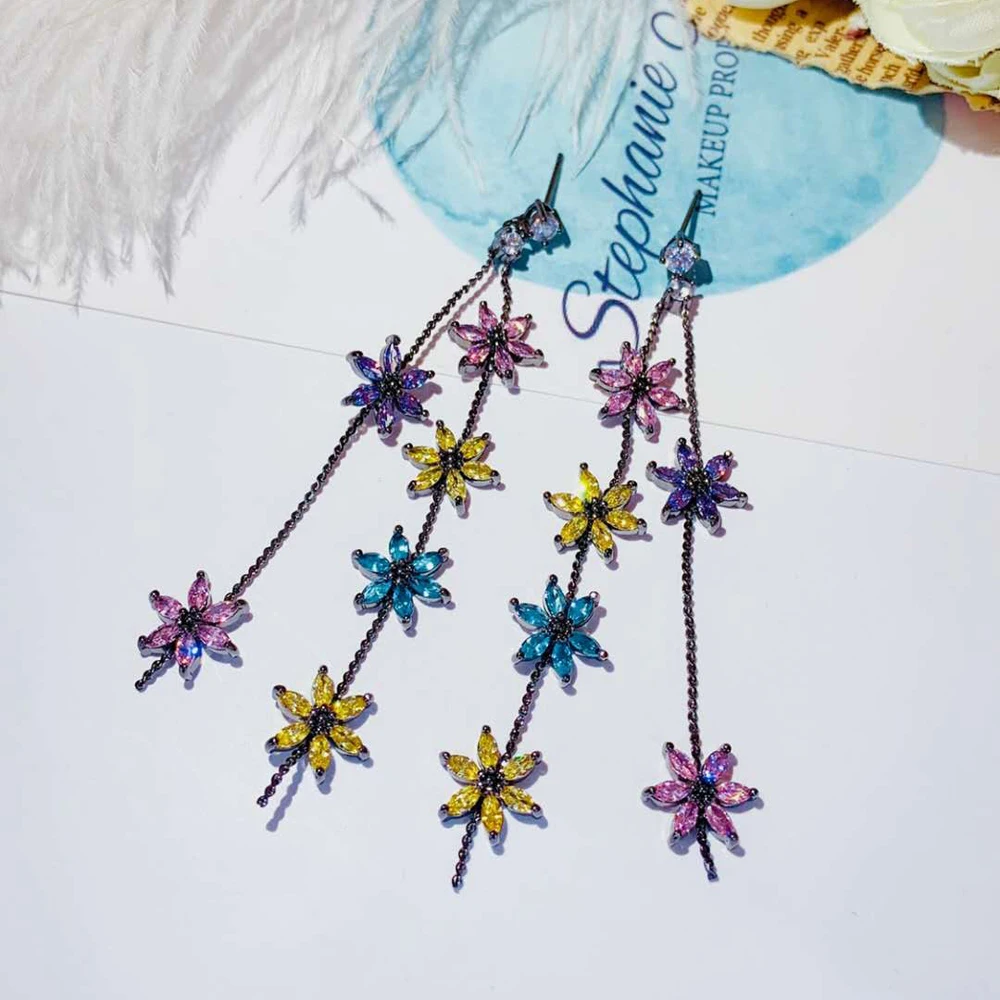 HIBRIDE роскошный цветочный дизайн длинные висячие серьги-капельки из черненого металла с вставками Цвет AAA CZ ручной работы ювелирные вечерние подарки по оптовым ценами E-946
