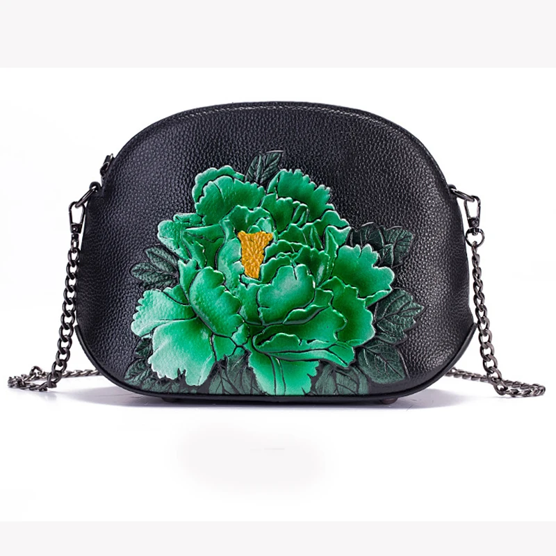 Женская сумка-мессенджер на плечо, кошелек с цветочным узором, высокое качество, винтажный стиль, натуральная кожа, мини-пион, сумка через плечо - Цвет: Green Black