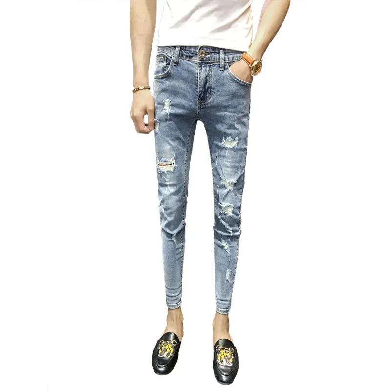 

2019 Fashion Casual School Distressed Guy jeans men's feet skinny stretch light blue hole tight Ankle Length pencil pants jeans