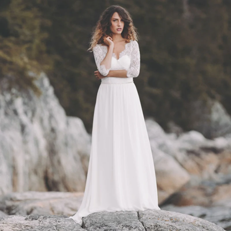 

Beach Wedding Dress V Neck Lace Half Sleeve Chiffon Boho Zipper Bride Dress Custom Made Wedding Gown