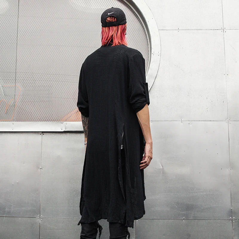 Men side split cotton linen long trench coat cardigan street punk hip hop jacket japan nightclub DJ gothic vintage stage costume