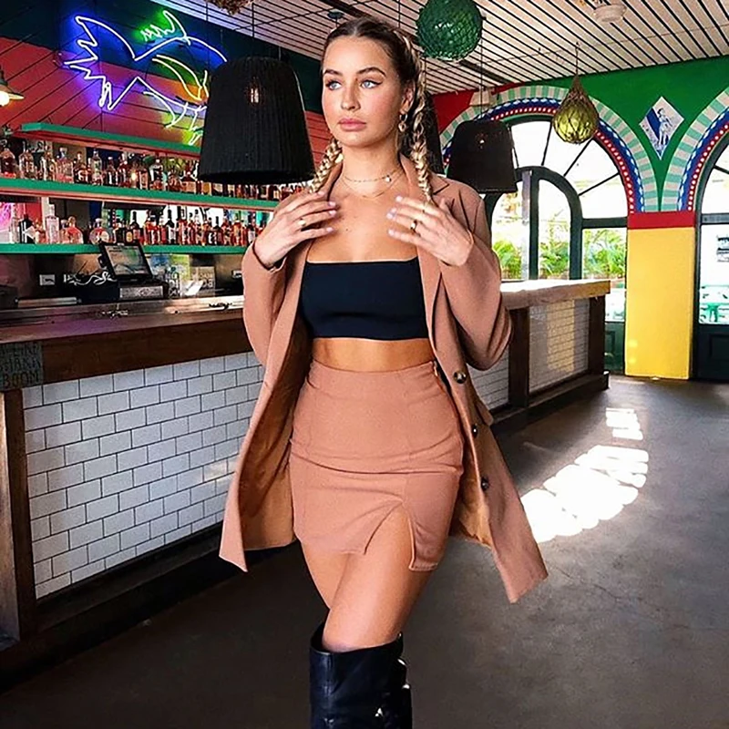 Womens Long Khaki Blazers for Autumn Winter 3 Buttons 2019 Female Formal Work Blazers with Pockets Casual Solid Jacket Suits