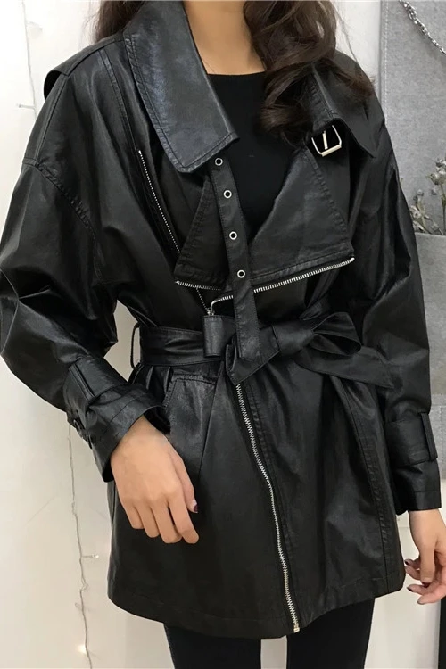 Женская куртка GETSPRING из искусственной кожи, черный, белый цвет, с поясом, женские кожаные куртки, осень-зима-, новинка