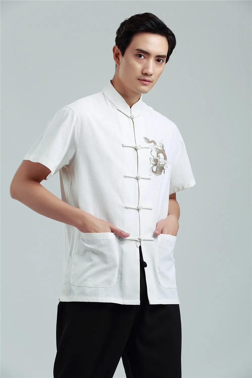 Шанхай история Традиционный китайский топ для мужчин дракон вышивка рубашка Костюм Танг Топ короткий рукав кунг-фу Рубашка Тай Чи Костюмы
