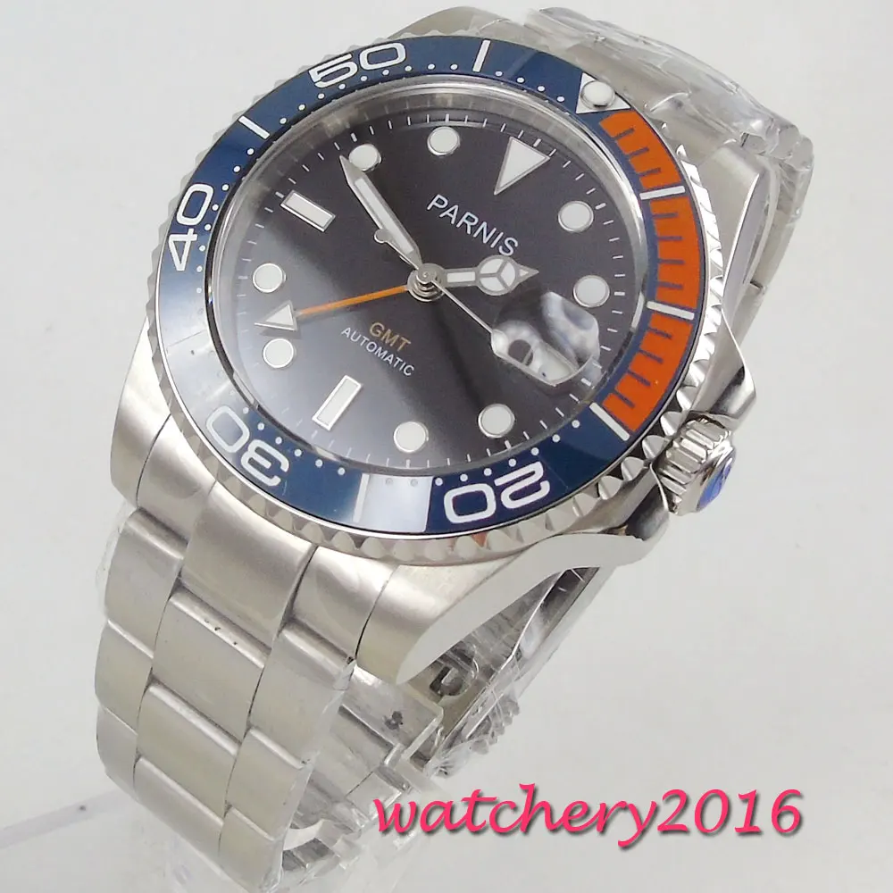  40mm parnis Black Dial Sapphire Glass GMT Rotating Ceramic Bezel Luminous marks Date Top Brand mech