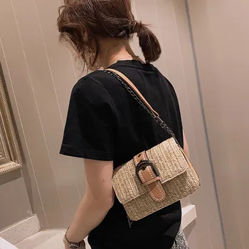

Women Fashion Summer Beach Wild Chain Messenger Shoulder Bag Solid Weaving Girls Woven Flap Sweet Pastoral Rattan Women Bag