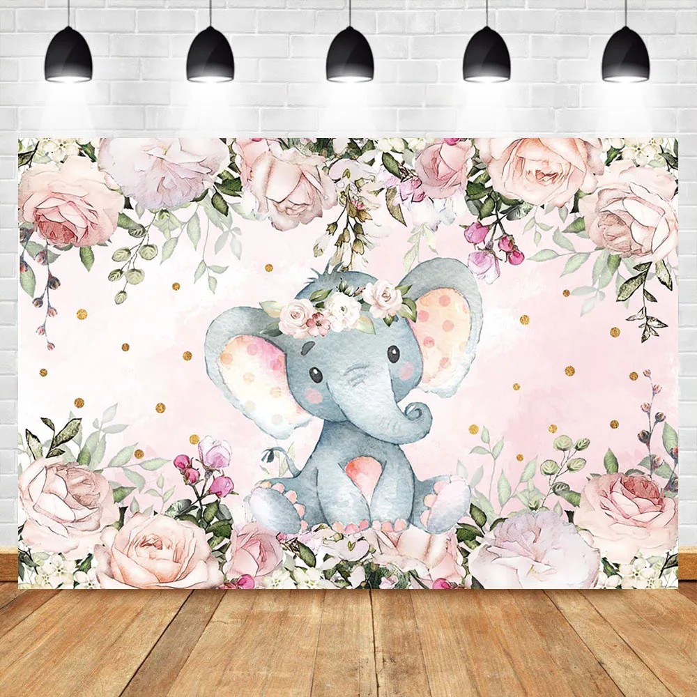 

Elephant Baby Shower Backdrop Gender Reveal Cute Animal Floral Photo Backdrops Elephant Birthday for Girl Photography Background