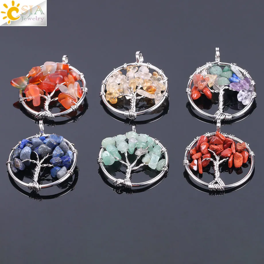 

CSJA Tree of Life Necklace & Pendant Silver-color Crystal Natural Gem Stone Chip Beads 7 Chakra Wire Wrapped Women Jewelry F141