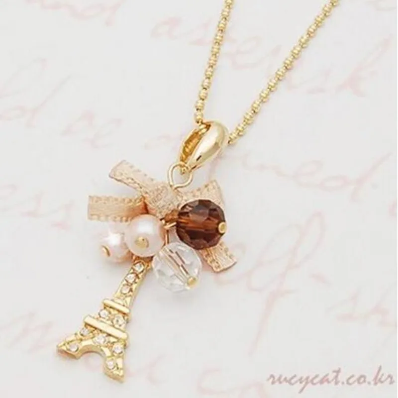 

Pink butterfly new romantic Paris famous knot necklace jewelry design crystal beads pendant necklace Eiffel Tower cute necklace