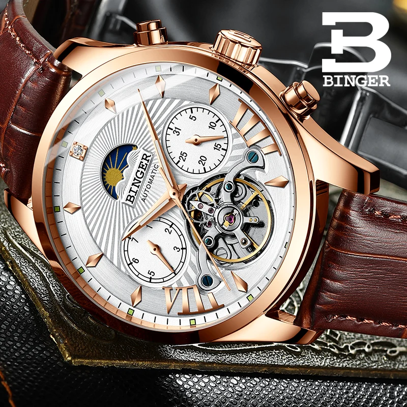 Мужские механические часы BINGER Skeleton Tourbillon Автоматические классические кожаные