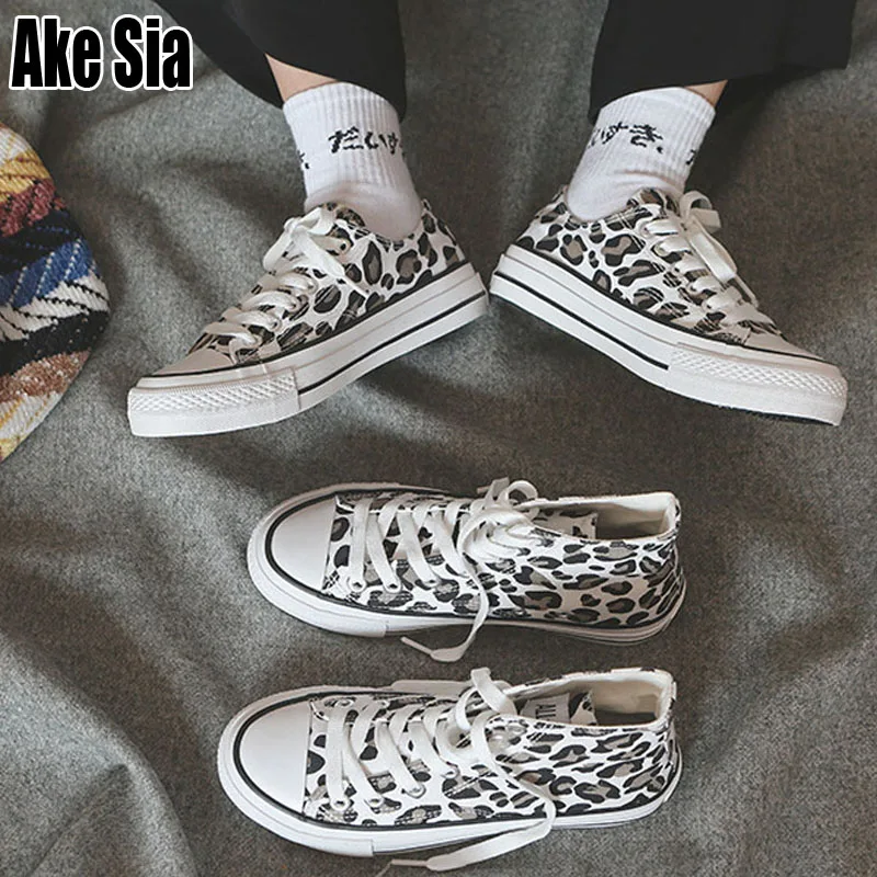 

Ake Sia New Fashion Leopard Print Women Girl Casual Canvas Flat High Lace-Up Plimsolls Zapatillas Liesure Shoes Chaussures A156