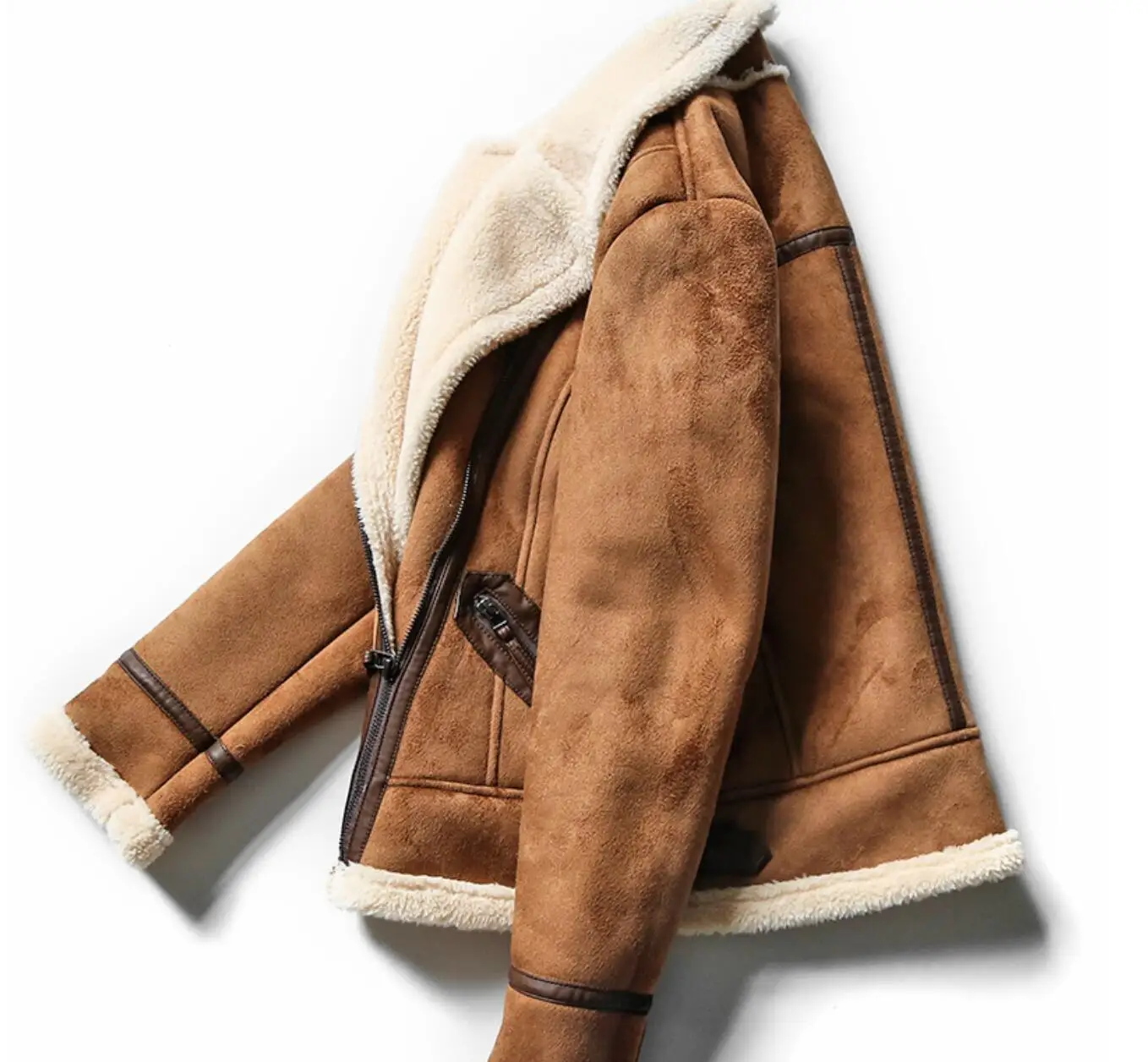 Women Faux Sheepskin Shearling Coat New Warm Suede Jacket Motorcycle Lamb Fur Coats Brown Leather Jacket AS30100