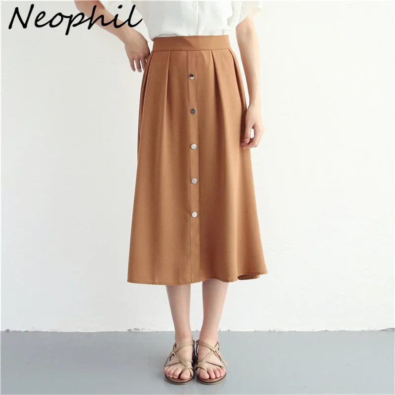 

Neophil 2020 Basic Single Button Summer Girls School Midi Skirts Preppy Style Solid Casual High Waist A-Line Womens Skirts S1535
