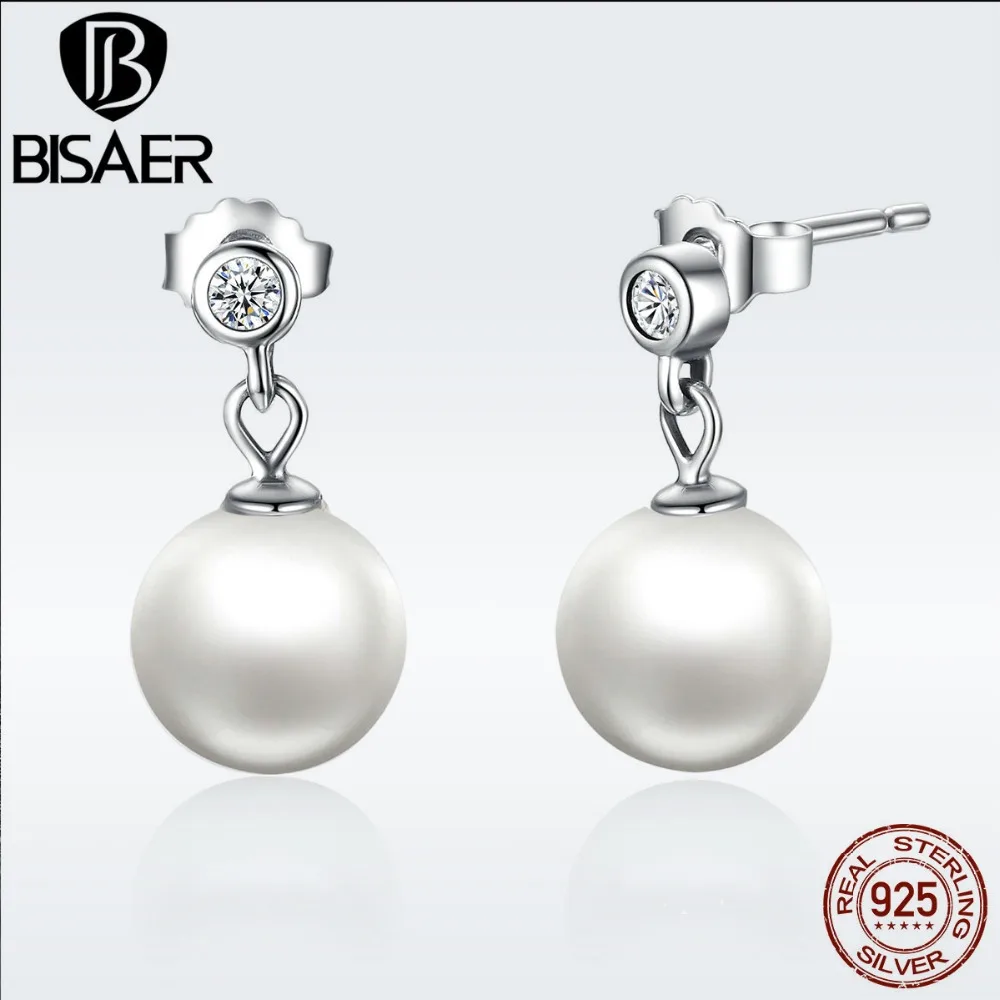 

BISAER 925 Sterling Silver White Round Imitation Pearl Stud Earrings for Women Dubai Fashion Silver Earrings Jewelry WEUS474