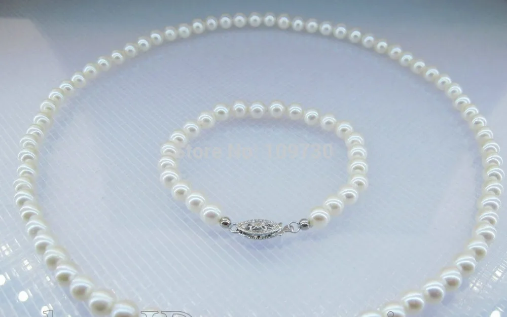 

Jewelry 00720 5-5.5mm white akoya genuine pearl jewelry set necklace 16" bracelet 6" 14KGPt gold
