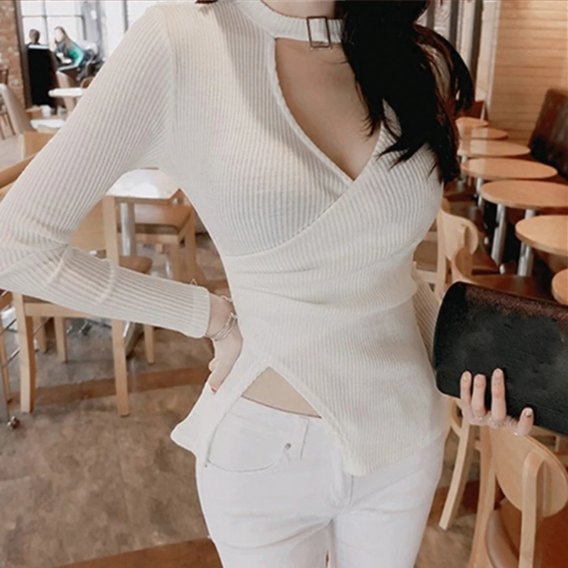 

Korean Sexy Pullover Tshirts 2019 Spring Autumn Women Streetwear Slim Shirts Irregular Fork Midriff Tops Camiseta Mujer T8D906