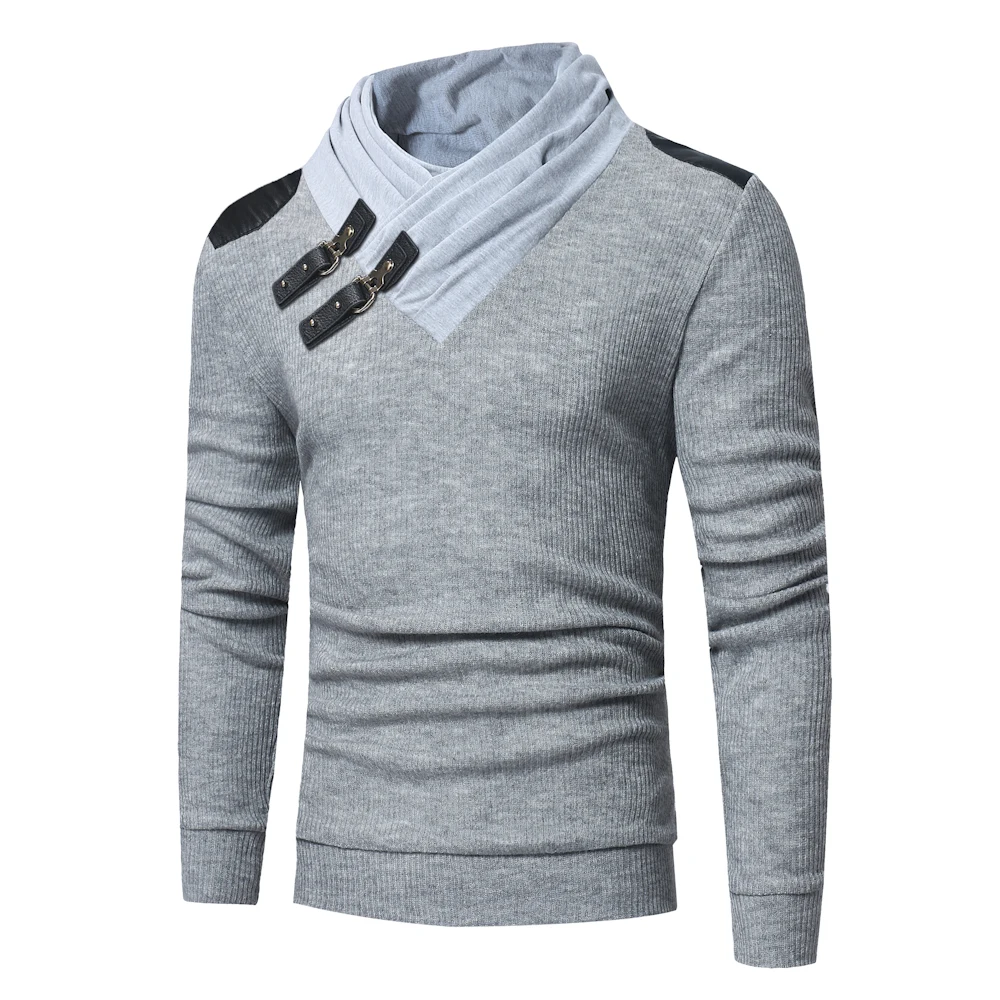 

2019 New men's sweaters fashion solid color pile collar leather buckle stitching long-sleeved slim sweater men's knit pullover