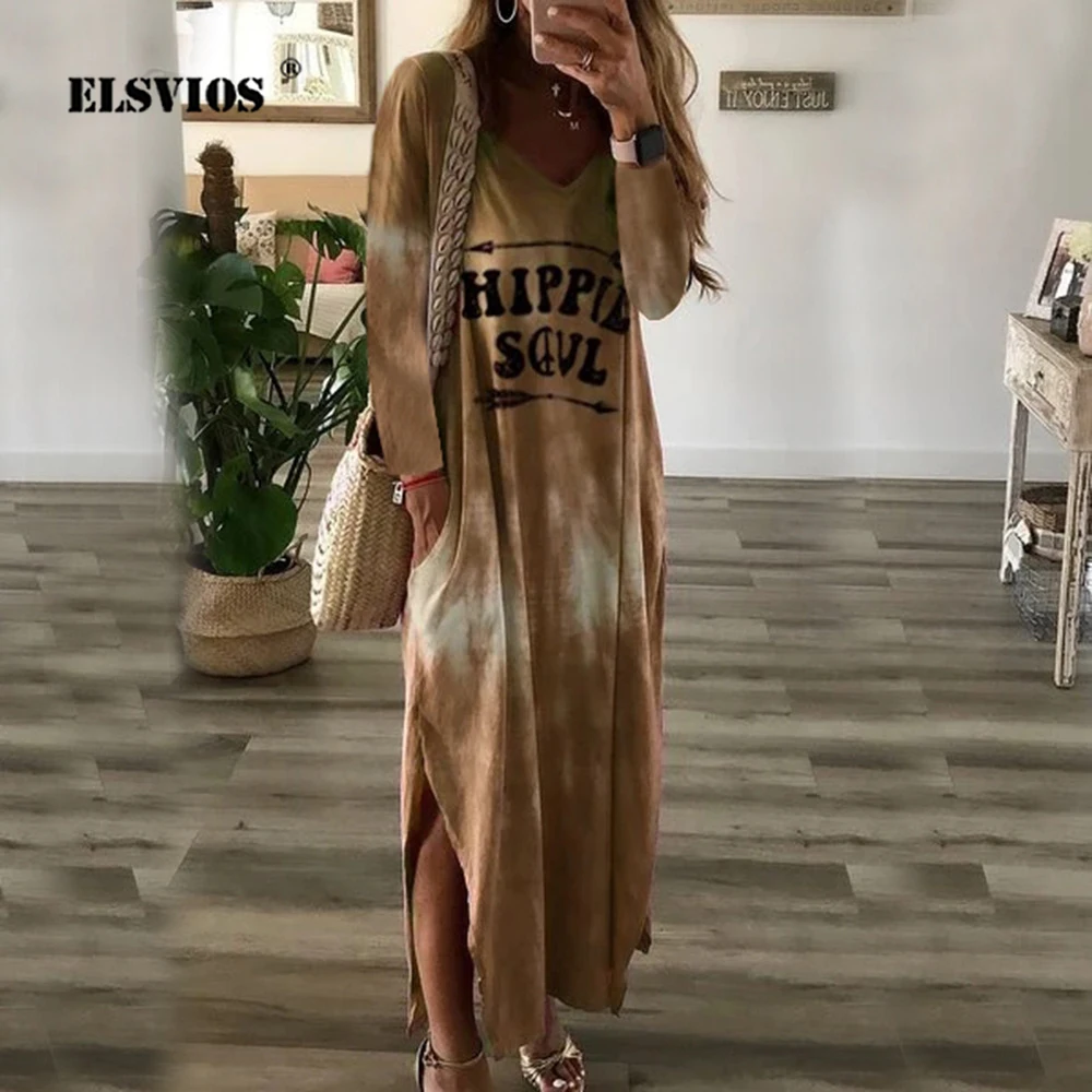 

ELSVIOS Robe Autumn Long Sleeve Letter Printing Women Dress 2019 Sexy V-neck Split Party Dress Fashion Streetwear Ladies Dresses