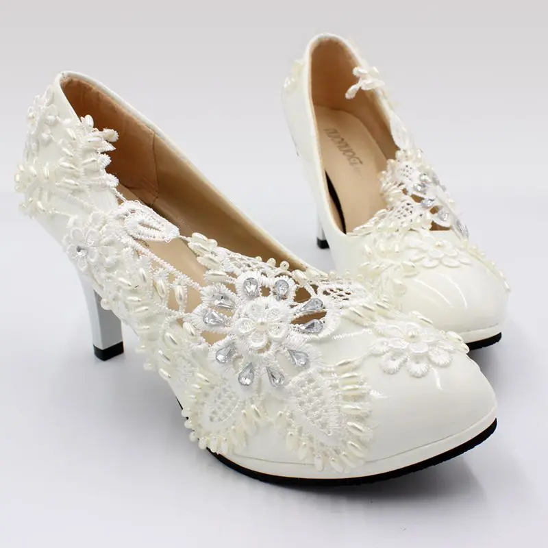 2019 Newest Design Ivory Lace Pearls Womens Wedding Shoes High 8cm