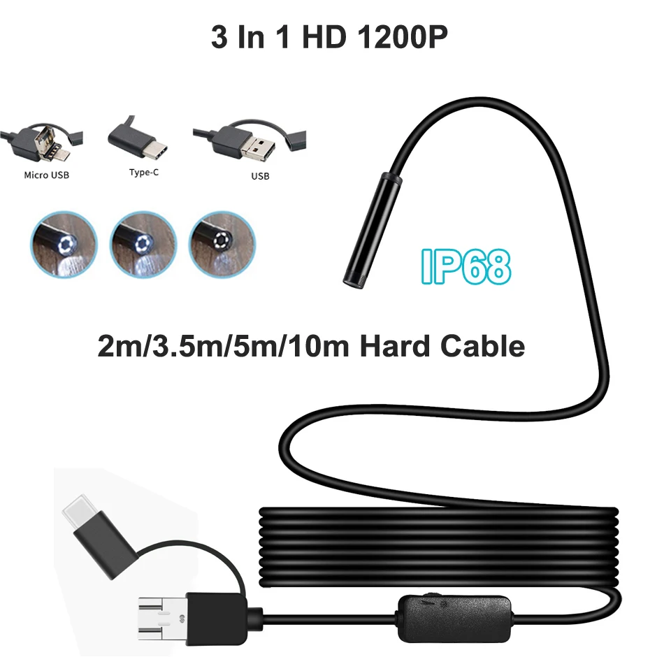 

Type-c USB 3 in 1 Endoscope 1200P HD IP68 Android 8MM Hard Cable Micro USB Android Borescope Tube USB Inspection Video Camera