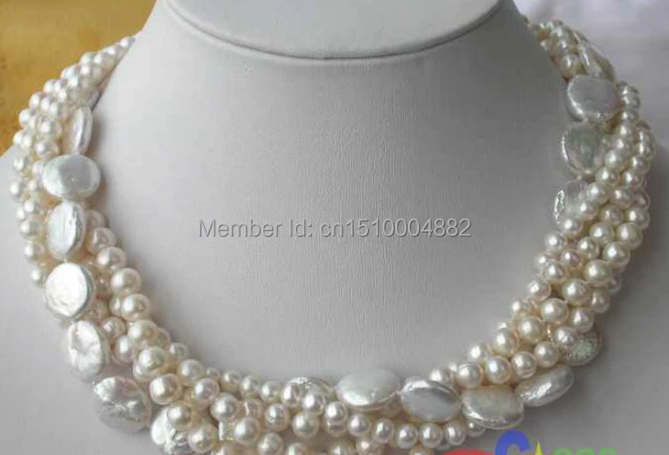 

shitou 00753 5ROW 14MM WHITE round/coin FRESHWATER CULTURED PEARL NECKLACE