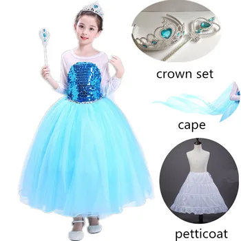 

Girls Elsa Costume Blue Snow Queen Princess Dress up with Long Cape Halloween Christmas Party Sequined Cosplay Fantasy