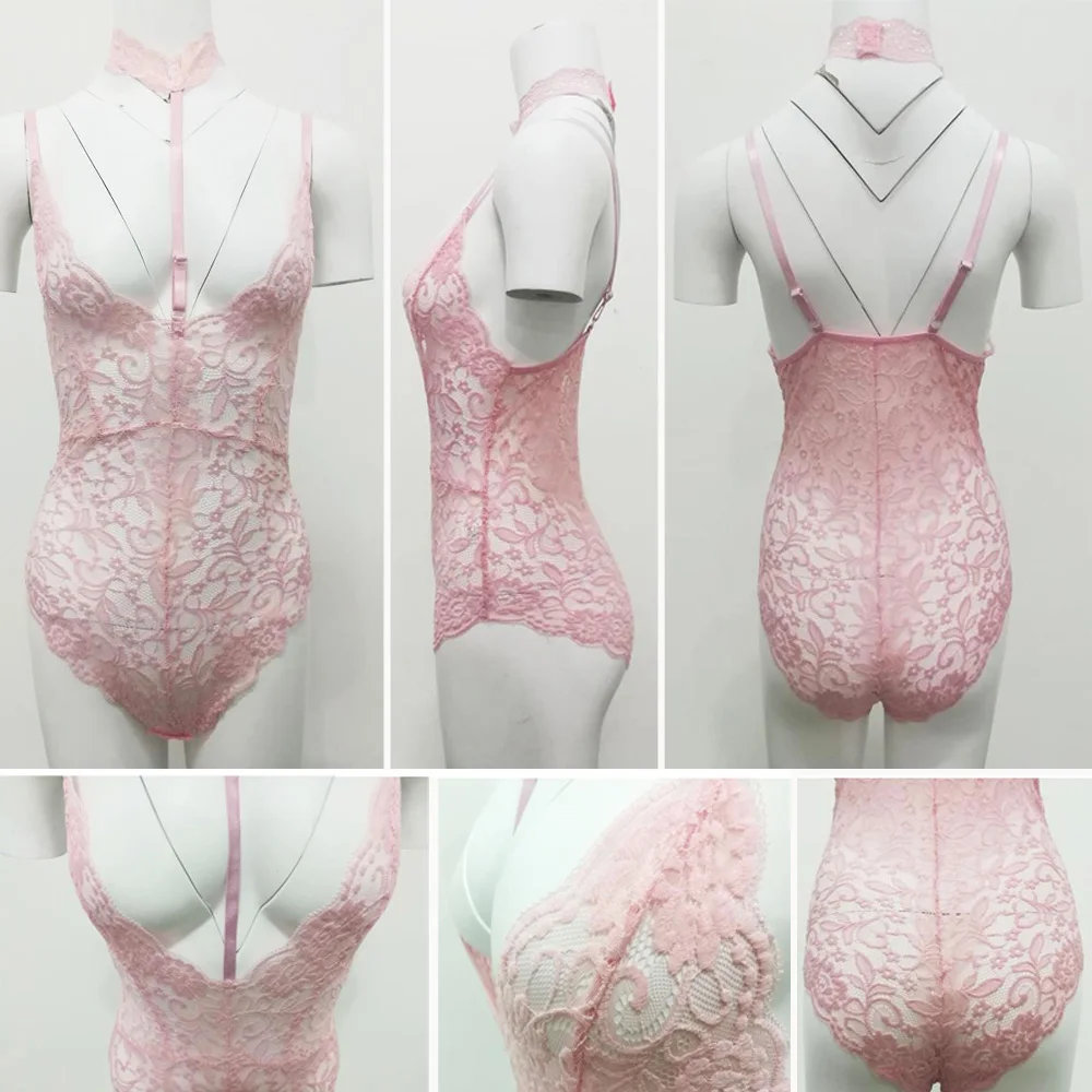 SEBOWEL Hot Sexy Lace Bodysuit Women Choker Neck See Through Skinny Body Jumpsuit Ladies Romper Combinaison Shorts Playsuits