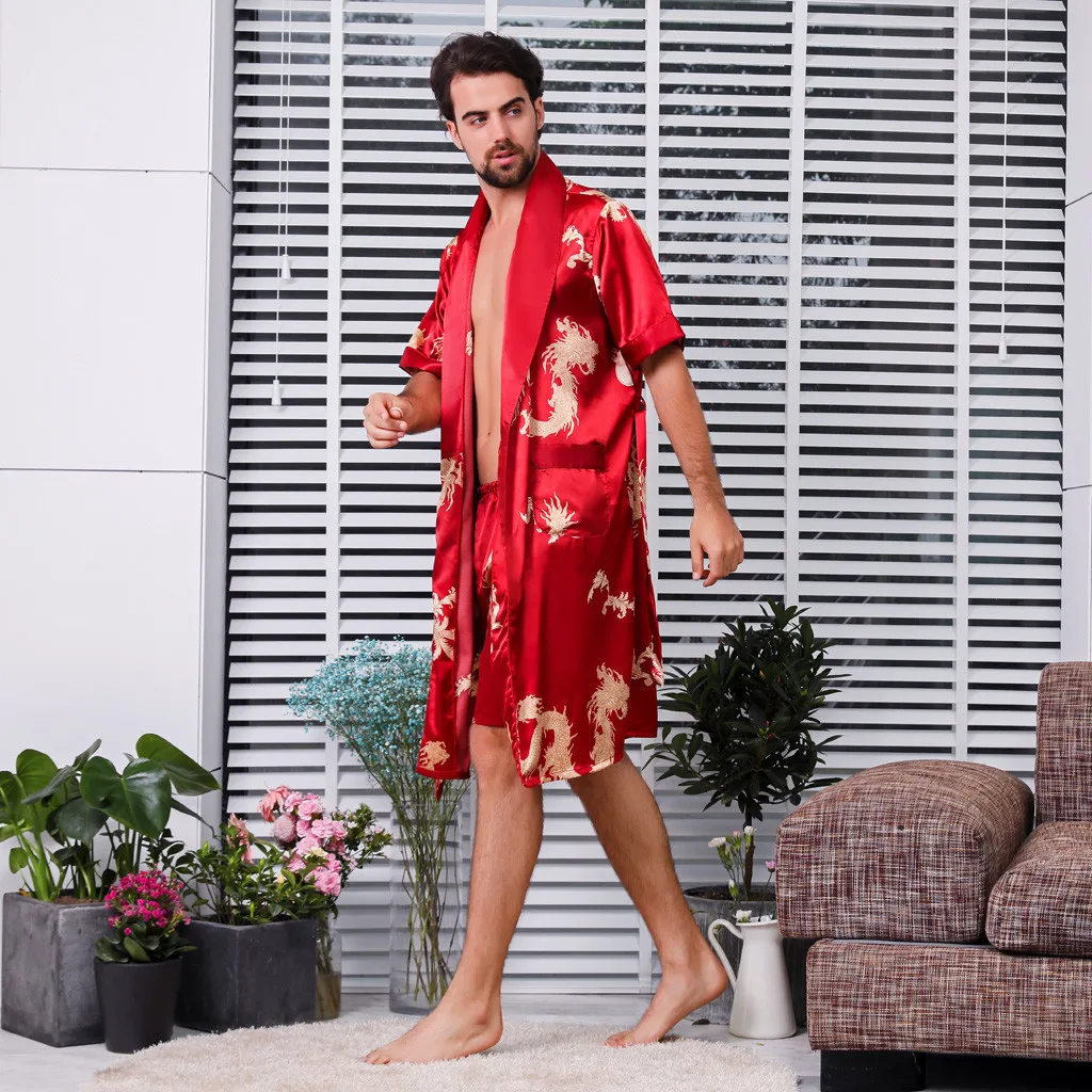 Двухсекционный костюм мужской шелковый халат очень большой халат с драконами Мужской Атласный халат шелковое кимоно для мужчин#3
