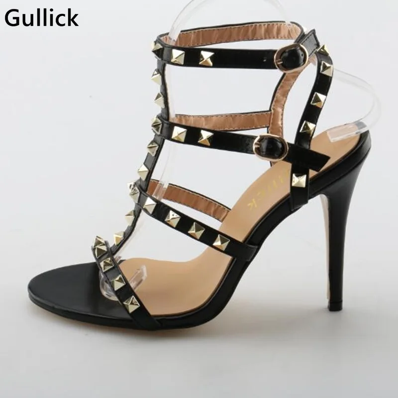 

Gullick Golden Rivets Studded Peep Toe Woman Thin High Heels Sandal Sexy Strappy T-Strap Stiletto Party Dress Shoe Cheap Price