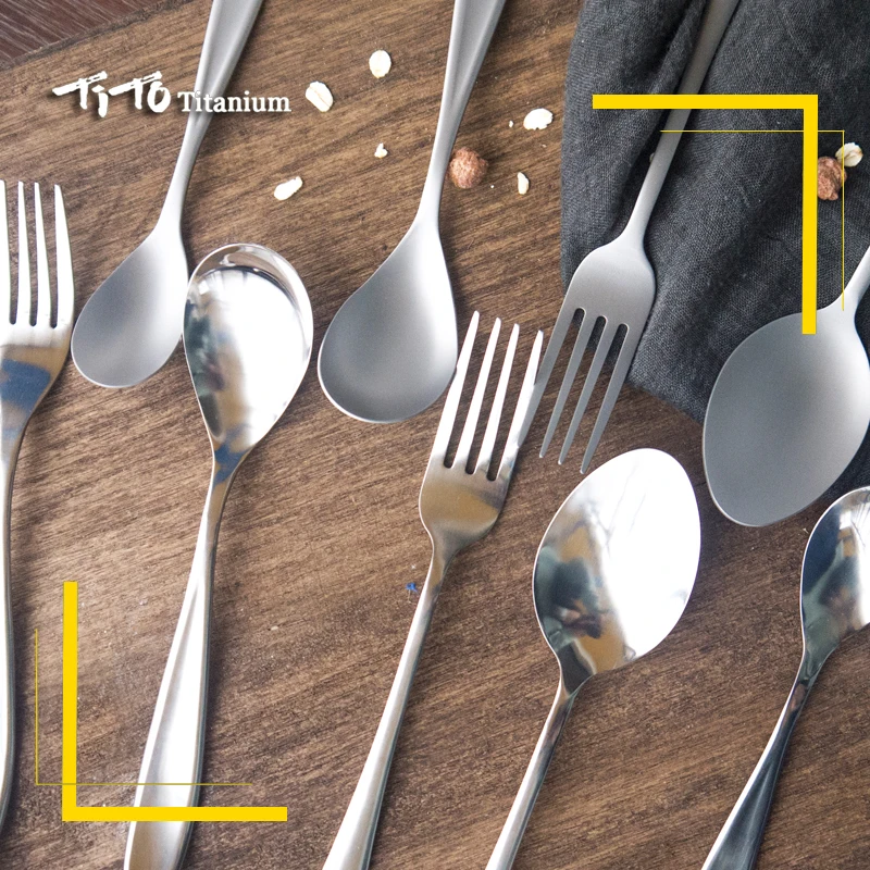 Cena TiTo tytanowy polerowany łyżka zastawa stołowa tytanowy widelec Ultralight czysty tytan Spork sztućce do gotowania na kempingu tytanowa łyżka