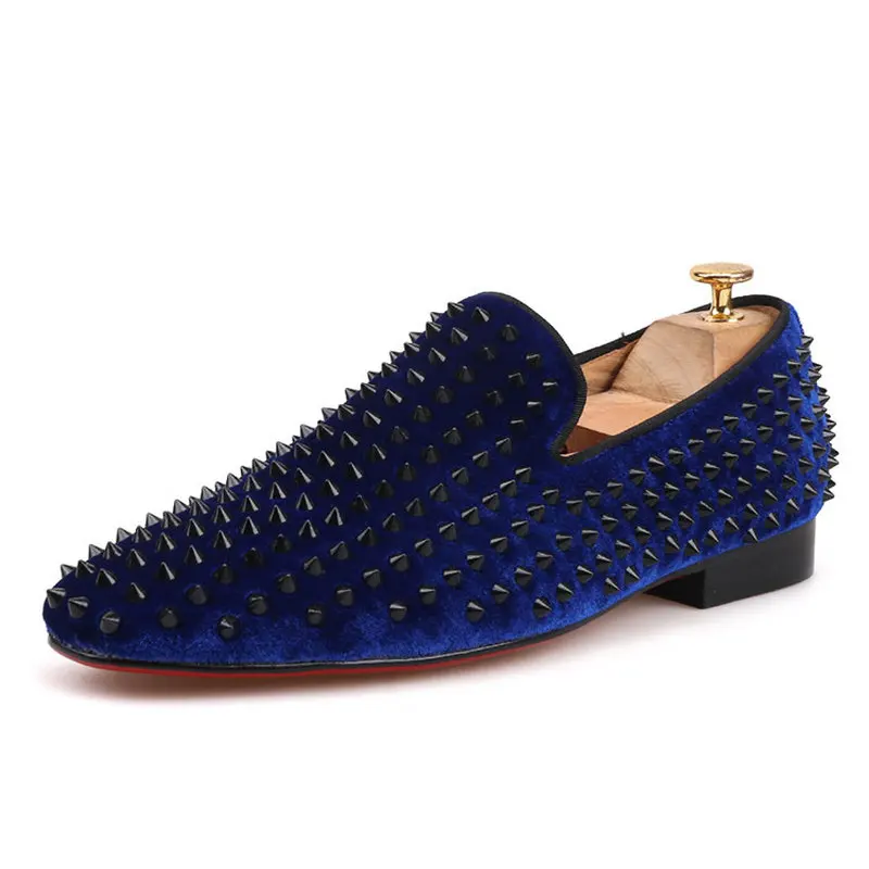 

Mens Fashion Velvet Black Rivet Slippers Men's Autumn Dress Loafers Shoe Men's Handmade Smoking Shoes Male Genuine Leather Shoes