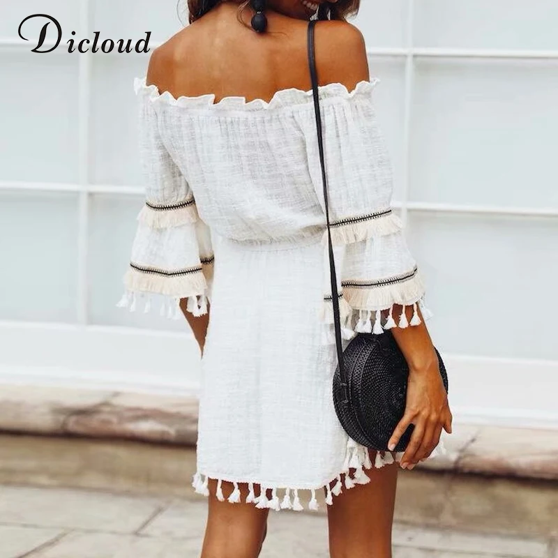 DICLOUD Off Shouler пикантные Boho лоскутные платья для женщин ленточки пляжное платье