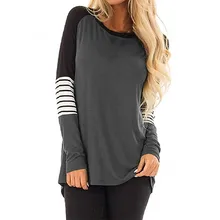 Женская футболка, Женская сорочка размера плюс, Женская Полосатая Повседневная футболка с цветными блоками, Свободный Топ с длинным рукавом, футболка, Femme Camisas Mujer