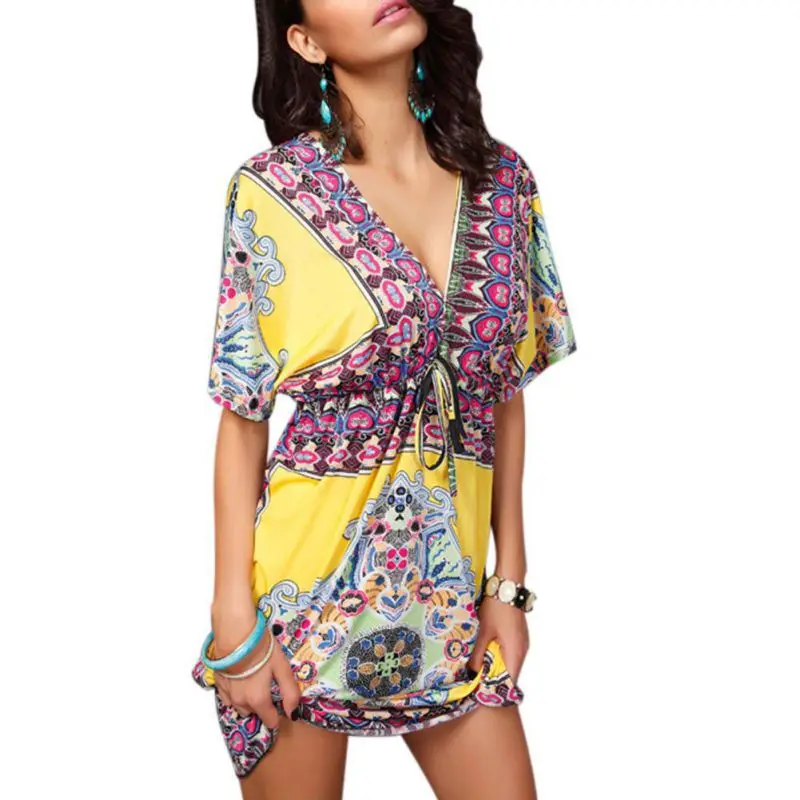 2018 Newest Sexy Women Summer V-neck Sexy Milk Silk vestido Loose Party Short Sleeve Vintage Mini Dresses Plus Size