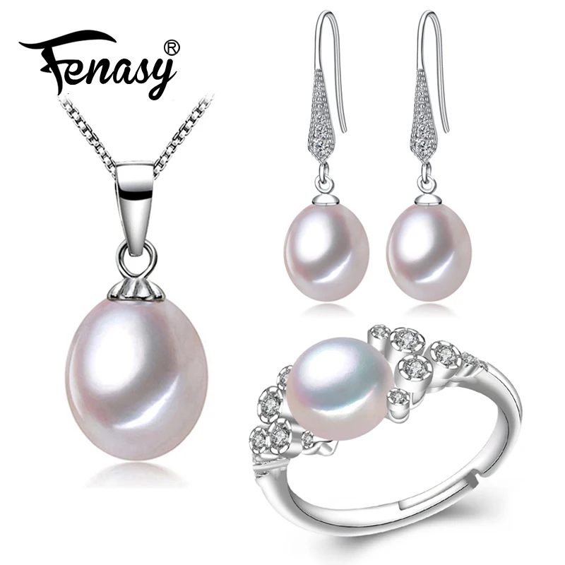 

FENASY Natural Freshwater Pearl Jewelry Sets Pearl Pendant Necklace 925 Sterling Silver Drop Earrings For Women Cute Party Ring