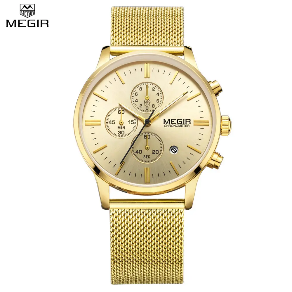 MEGIR Mens Chronograph Quartz Stainless Steel Mesh Luxury Band Watches Water Resistant Multi function Solid Color