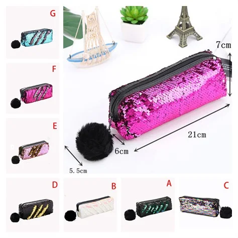 Women Mermaid Sequin Glitter Cosmetic Bag With Hairball Makeup Case 7 Colors