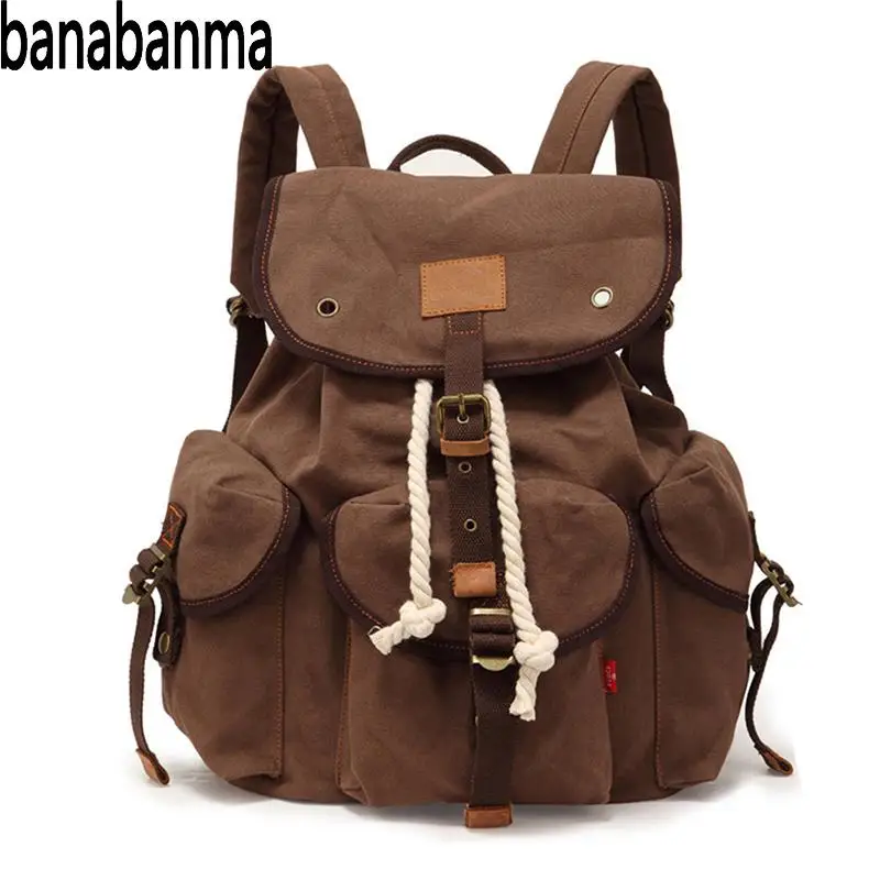 

Banabanma Unisex Canvas Fashionable Double-shoulder Bag Casual Retro Travel Large Capacity Backpack with Rope Closure ZK50