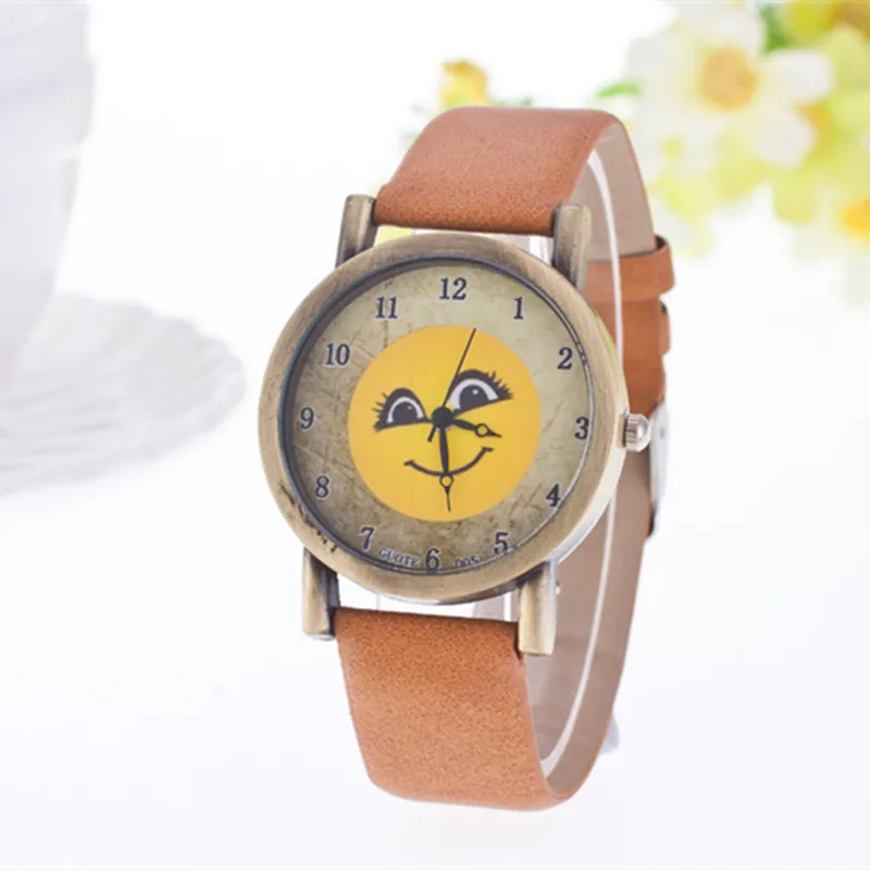 

2016Hot Guote Kids Quartz Watch Fashion Casual Girl Cartoon Smile Leather Women Watches Student Children Analog Wristwatch Hours