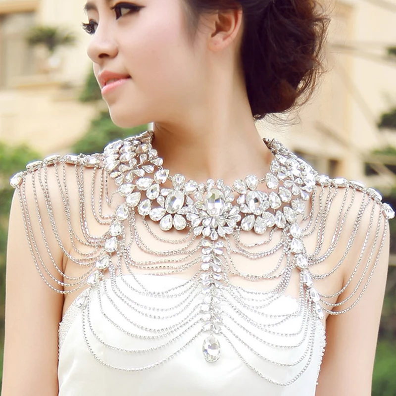 

Luxury Rhinestone Necklace Chain Bridal Shoulder Necklace Chain Collar Necklace for Wedding Crystal Choker Necklace Body Jewelry
