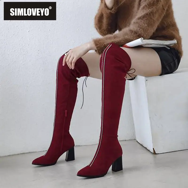 

SIMLOVEYO Winter shoes women Over the knee boots Pointed toe Suede leather Thick high heel striped Zipper lace up Thigh high