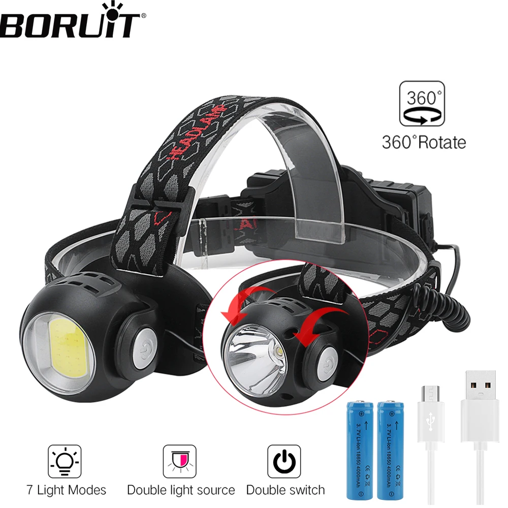 

BORUIT T6 COB LED Headlight Double Head Lamp Torch 360 Rotate Head Torch Flashlight 18650 Headlamp Camping Hunting Flashlight